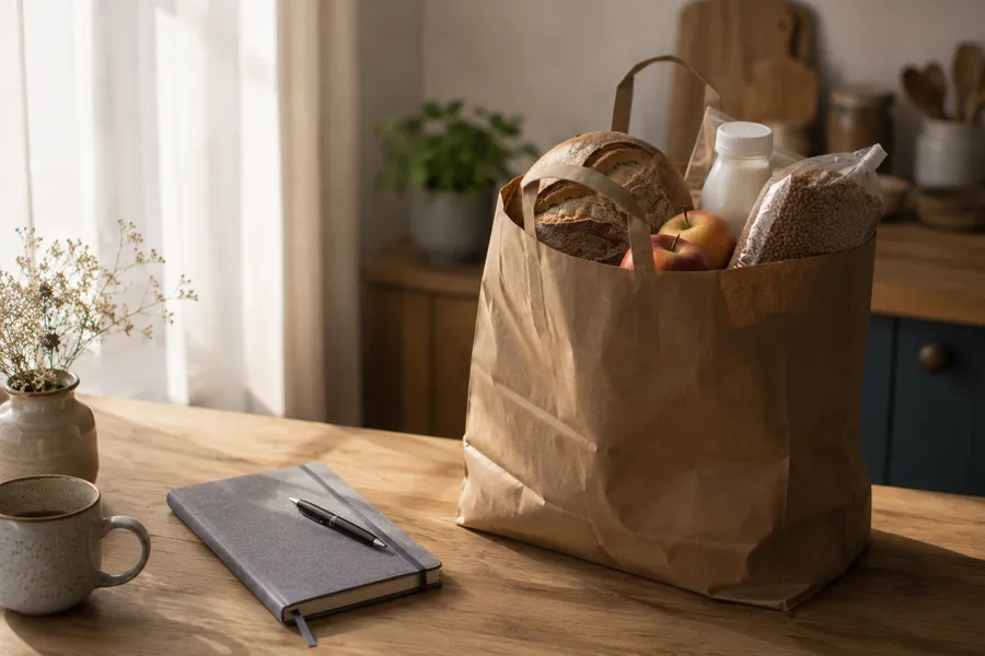 Простые продукты и записная книжка на кухонной столешнице